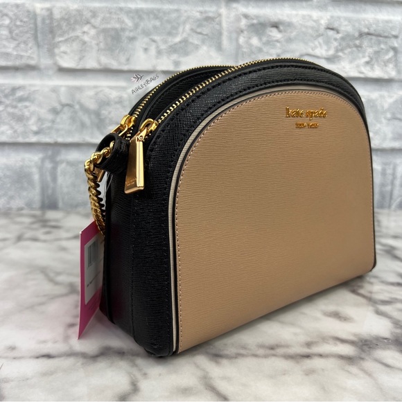 Kate Spade Morgan Double Zip Leather Dome Crossbody In Cafe Mocha Multi - Picture 3 of 13